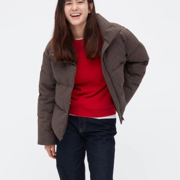 Uniqlo Women Check Patterned Down Puffer Jacket Coat Water Repellent Brown XL - Picture 10 of 13